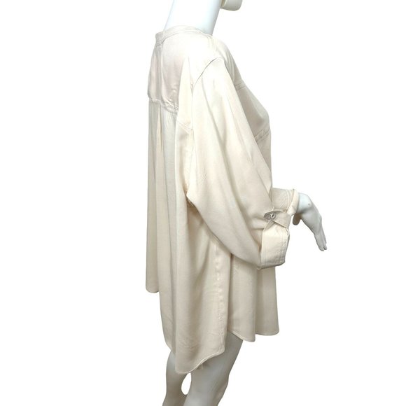 Philosophy Woman Tunic Top Beige 2X Roll Tab Long Sleeve Band Collar Pockets - Picture 2 of 10